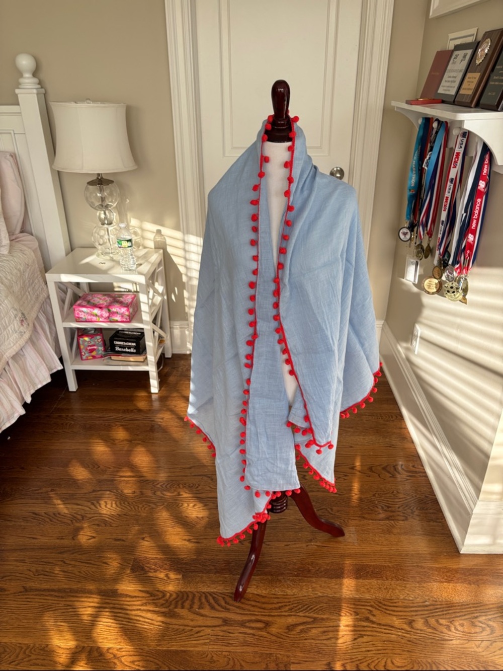 Boden Light Blue Wrap with Coral Pom Trim